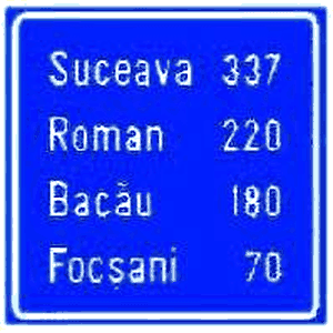 Confirmarea direcției de mers spre localități mai importante și distanțele până la acestea